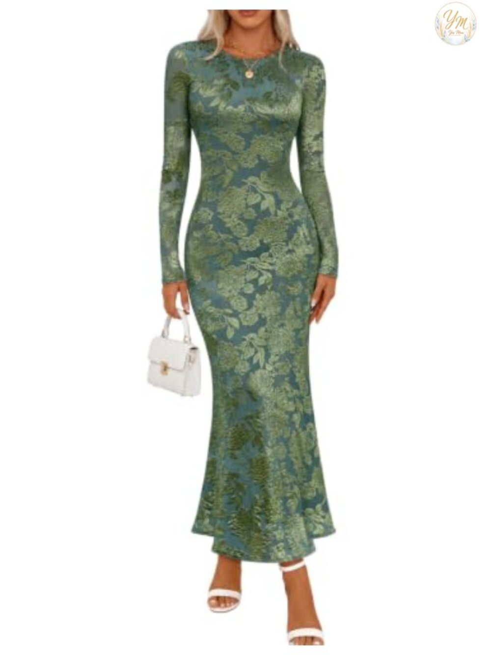 Womens Velvet Floral Maxi Dress Long Sleeve Bodycon Wedding Guest